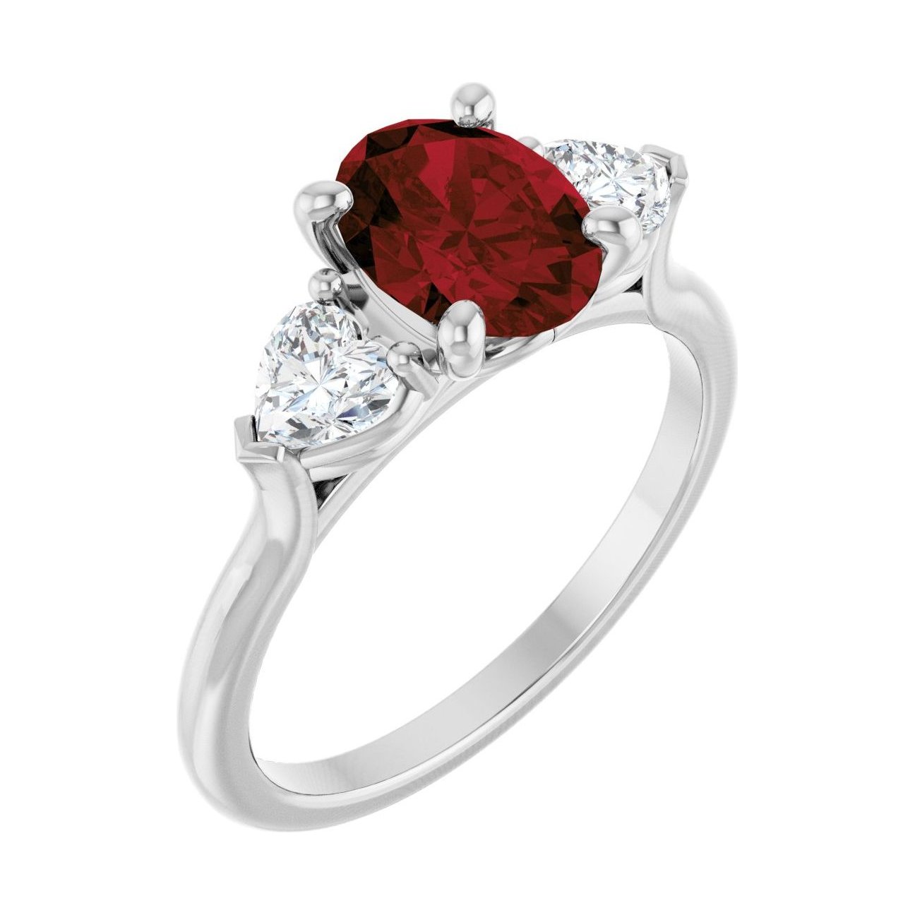 Oval Garnet Three-Stone Engagement Ring in 14K White Gold with 1.5 ct oval diamond