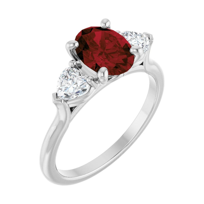 Oval Garnet Three-Stone Engagement Ring in 14K White Gold with 1.5 ct oval diamond