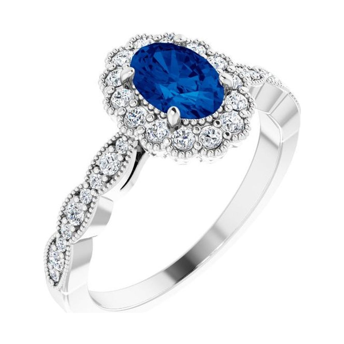 oval halo-style birthstone ring blue sapphire white gold