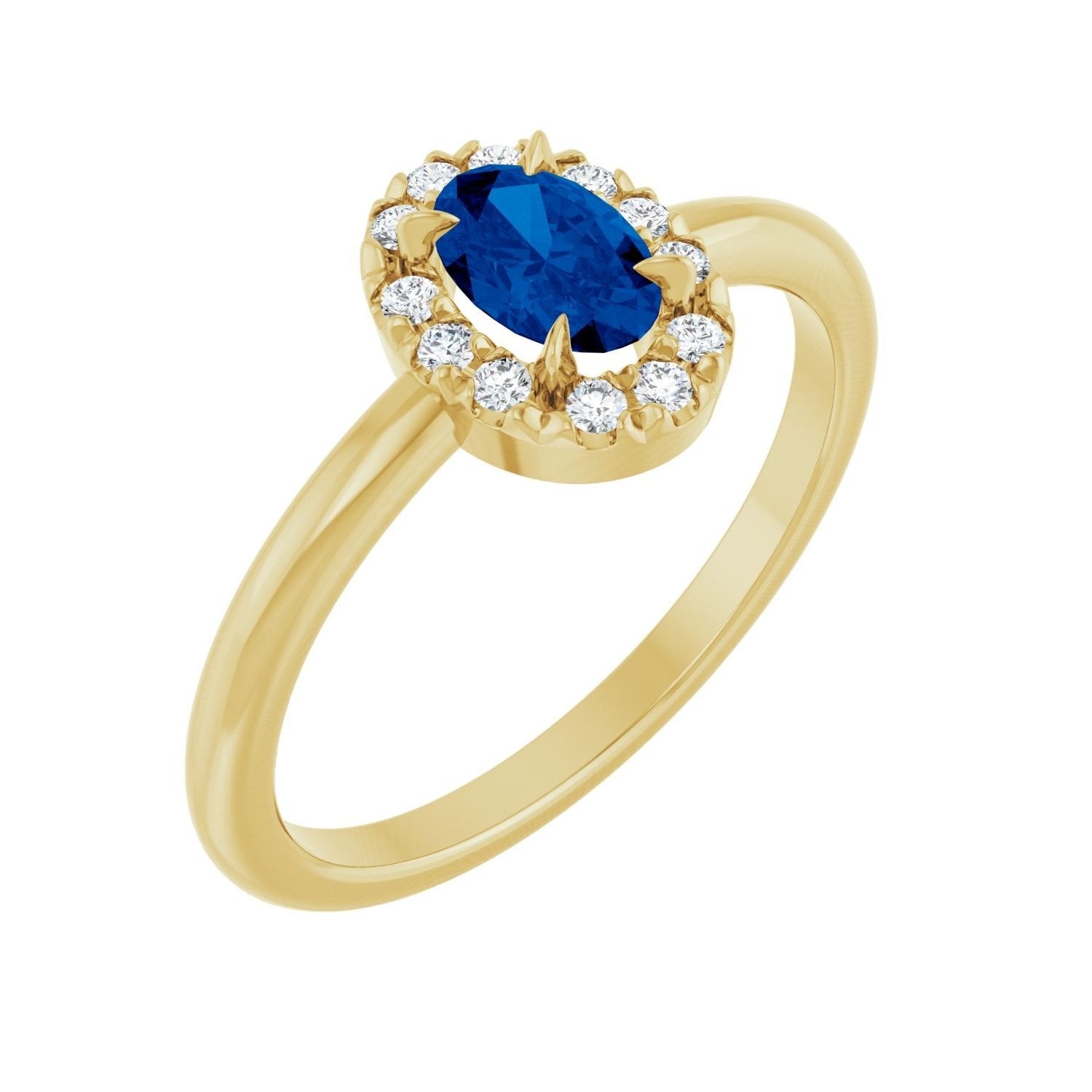 oval lab-grown blue sapphire halo ring in 14k Yellow Gold