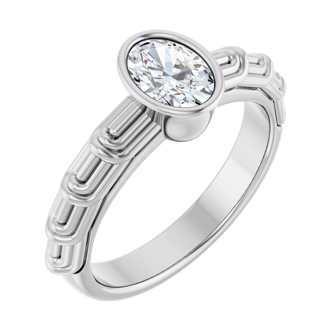 Oval Diamond Bezel-Set Petite Engagement Ring in 14K White Gold with 1.0 ct oval diamond