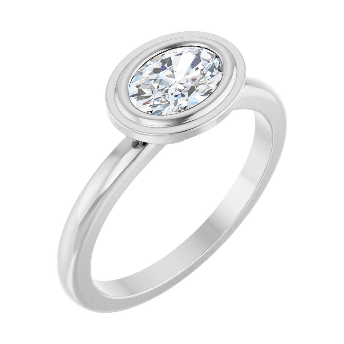 Oval Diamond Bezel-Set Tapered Engagement Ring in 14K White Gold with 1.0 ct oval diamond
