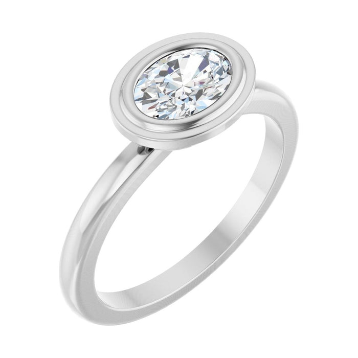 Oval Diamond Bezel-Set Tapered Engagement Ring in 14K White Gold with 1.0 ct oval diamond