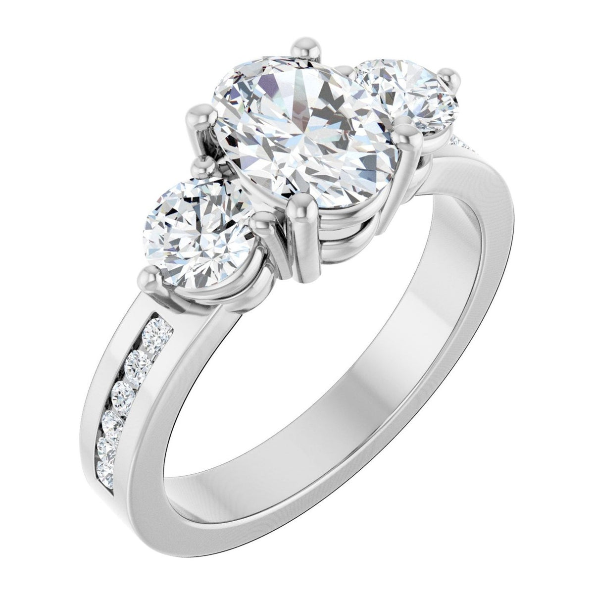 Oval Lab-Grown Diamond Channel-Set Three-Stone engagement ring in 14K White Gold, shown with a 1.10 ct center