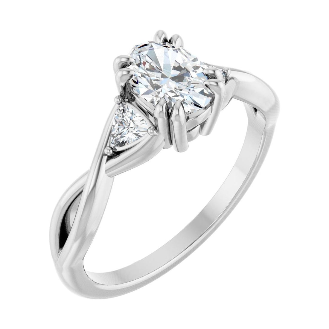 Oval Diamond Double Claw-Prong Three-Stone Engagement Ring in 14K White Gold with 1.0 ct oval diamond