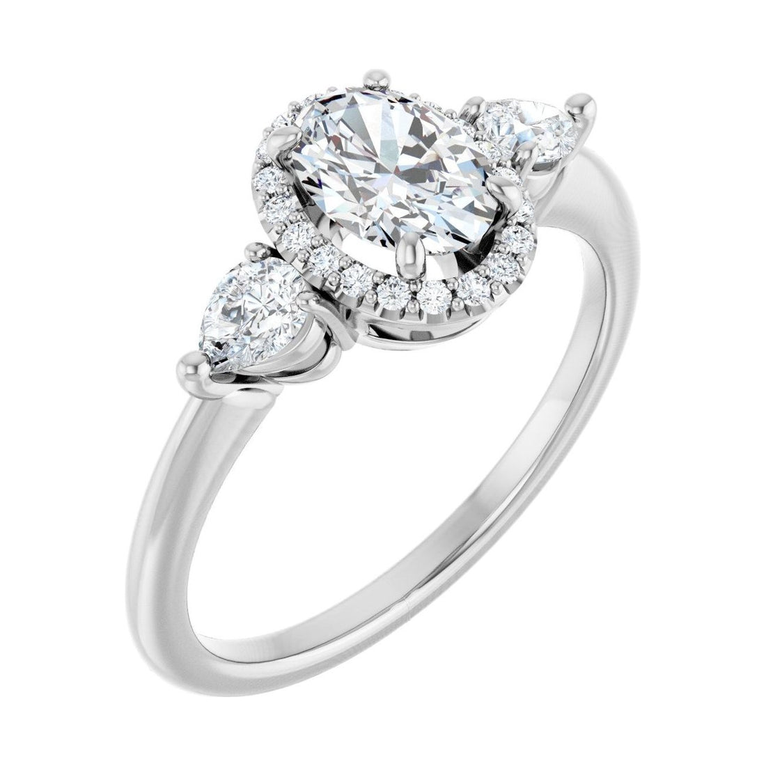 Oval Diamond Halo-Accented Three-Stone Engagement Ring in 14K White Gold with 0.5 ct oval diamond