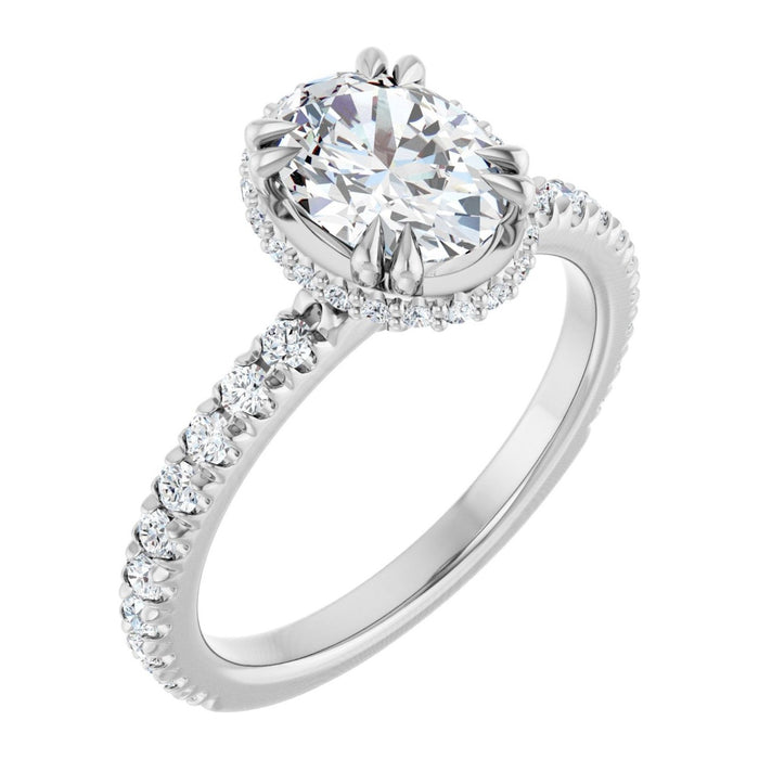 Oval Lab-Grown Diamond Hidden Halo Pavé engagement ring in 14K White Gold, shown with a 1.10 ct center