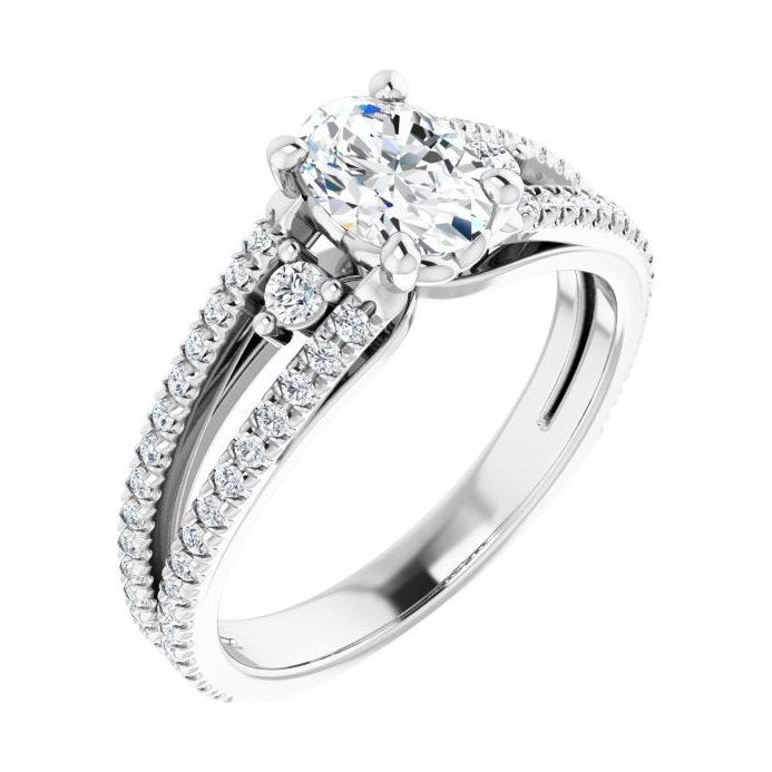 Oval Diamond Pavé Knife-Edge Engagement Ring in 14K White Gold with 1.0 ct oval diamond