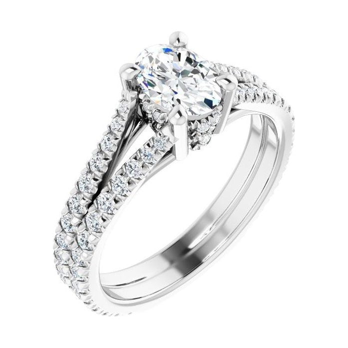 Oval Diamond Pavé Tapered Engagement Ring in 14K White Gold with 1.0 ct oval diamond