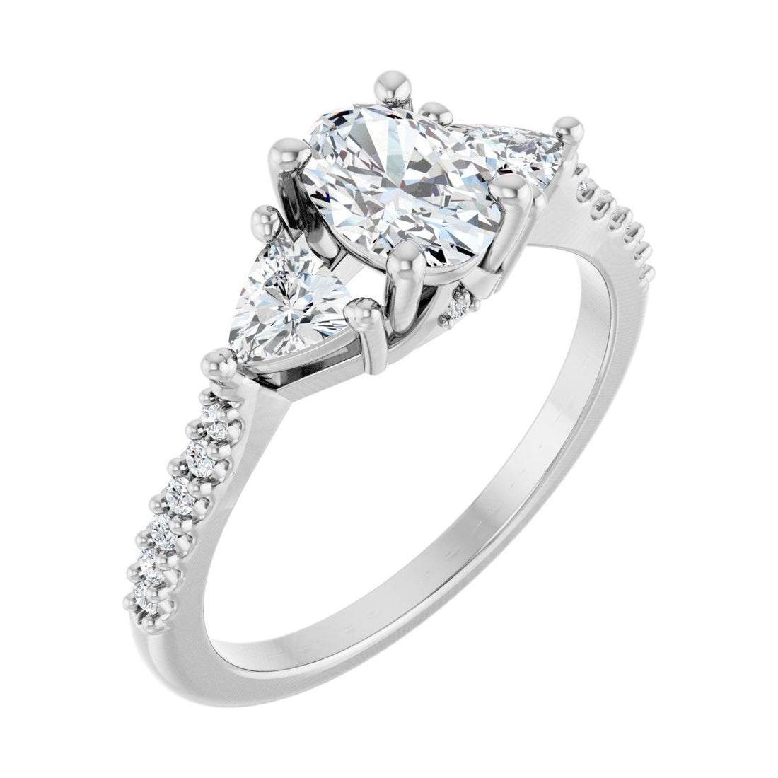 Oval Diamond Three-Stone Cathedral Engagement Ring in 14K White Gold with 0.5 ct oval diamond