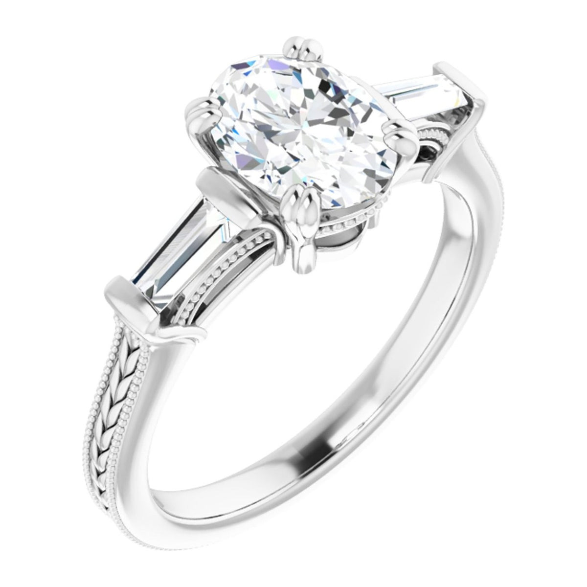 Oval Lab-Grown Diamond Vintage Baguette Three-Stone engagement ring in 14K White Gold, shown with a 1.10 ct center
