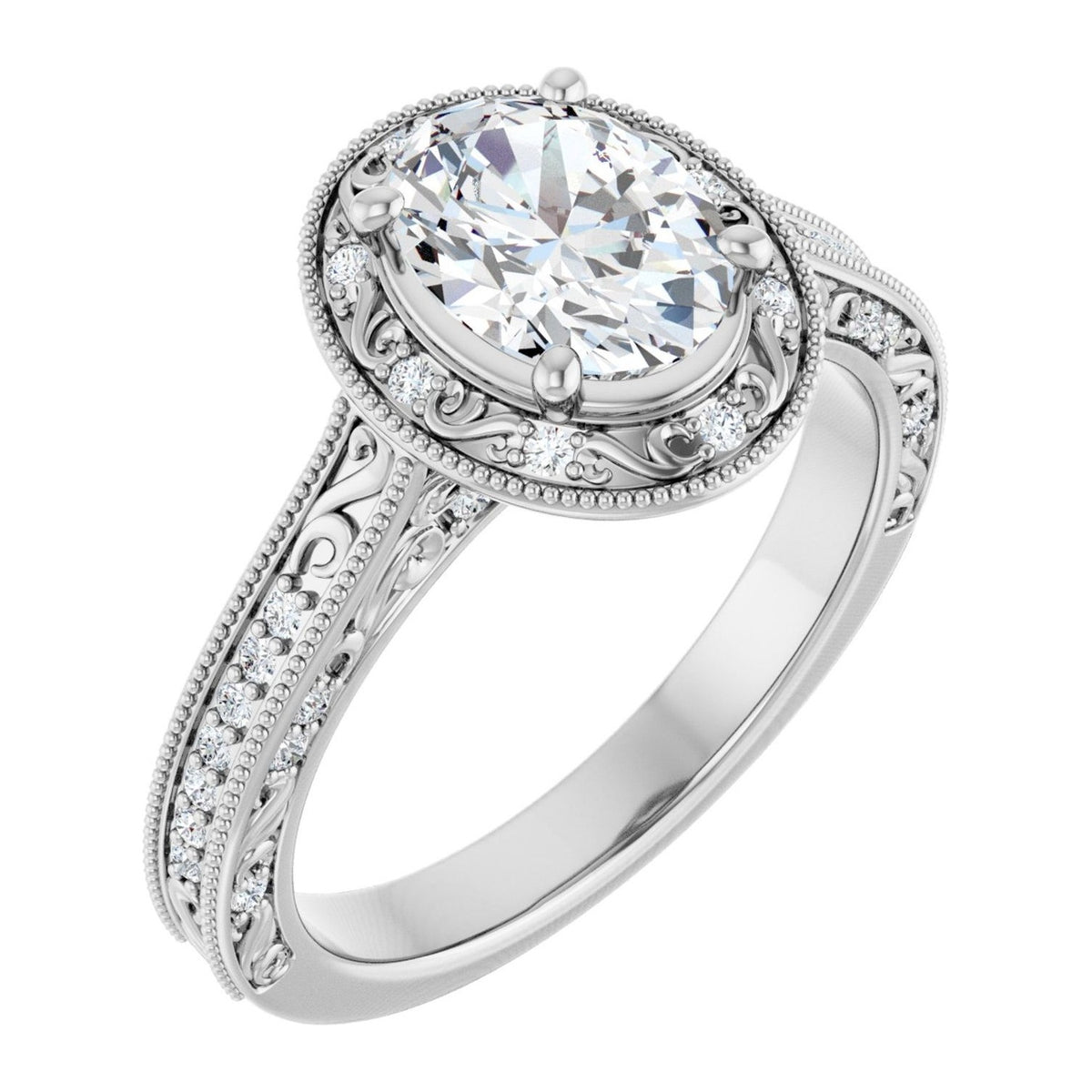 Oval Lab-Grown Diamond Vintage Engraved Halo engagement ring in 14K White Gold, shown with a 1.10 ct center