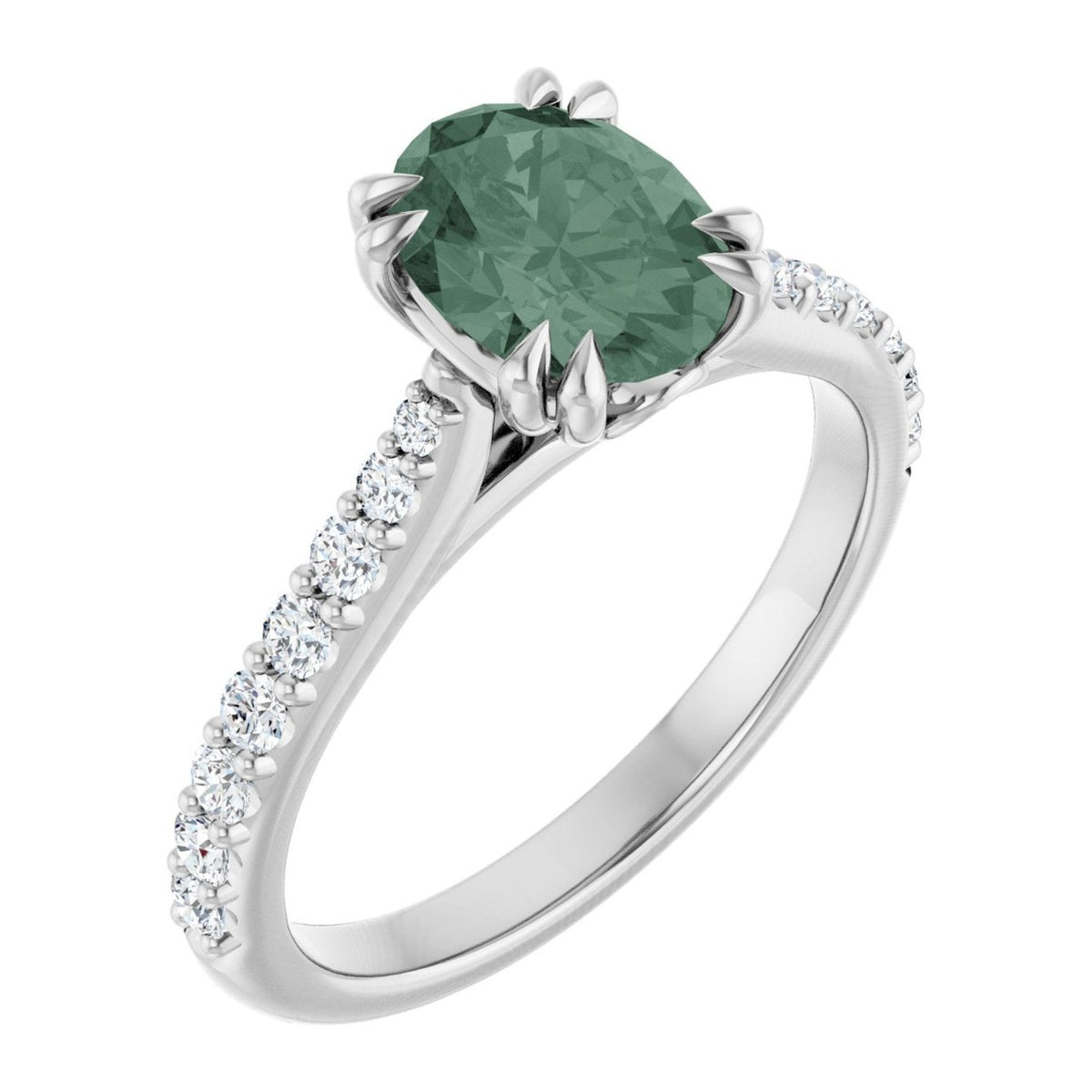 Oval lab-grown green sapphire double claw-prong cathedral pavé engagement ring in 14K White Gold, shown with a 8 x 6 mm center