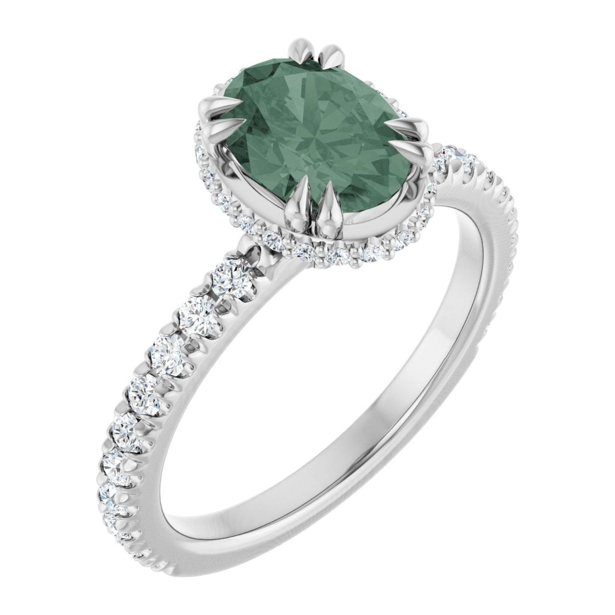 Oval lab-grown green sapphire hidden halo pavé engagement ring in 14K White Gold, shown with a 8 x 6 mm center