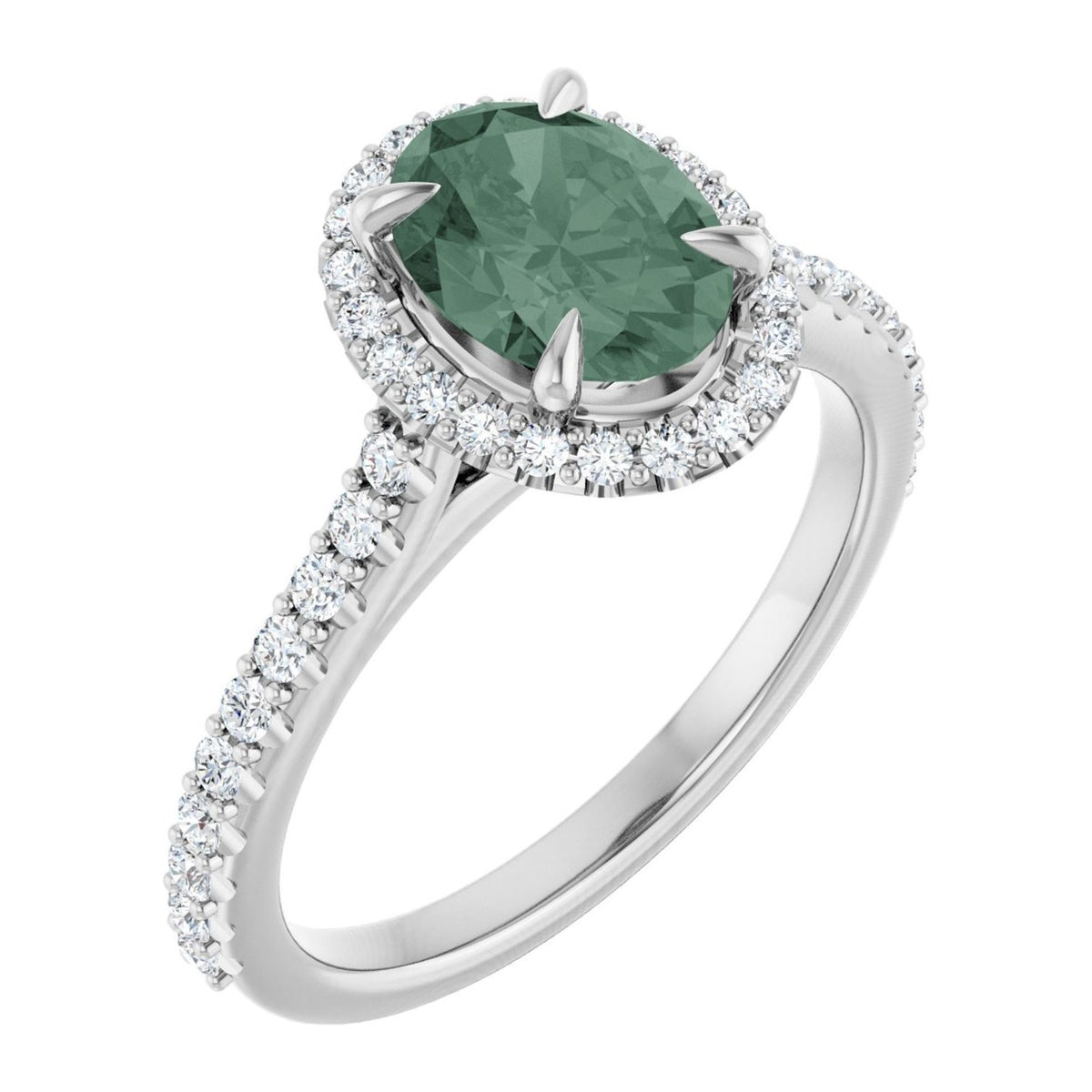 Oval lab-grown green sapphire pavé halo engagement ring in 14K White Gold, shown with a 8 x 6 mm center