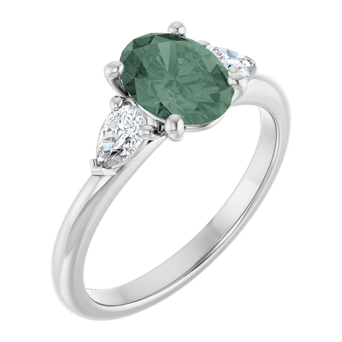 Oval lab-grown green sapphire three-stone engagement ring in 14K White Gold, shown with a 8 x 6 mm center