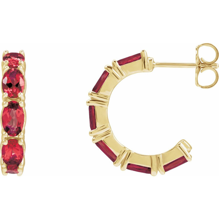 oval lab-grown ruby hoop earrings in 14k Yellow Gold