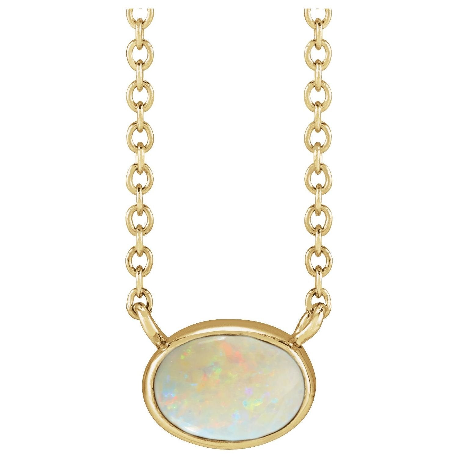 oval lab-grown white opal cabochon necklace in 14k Yellow Gold