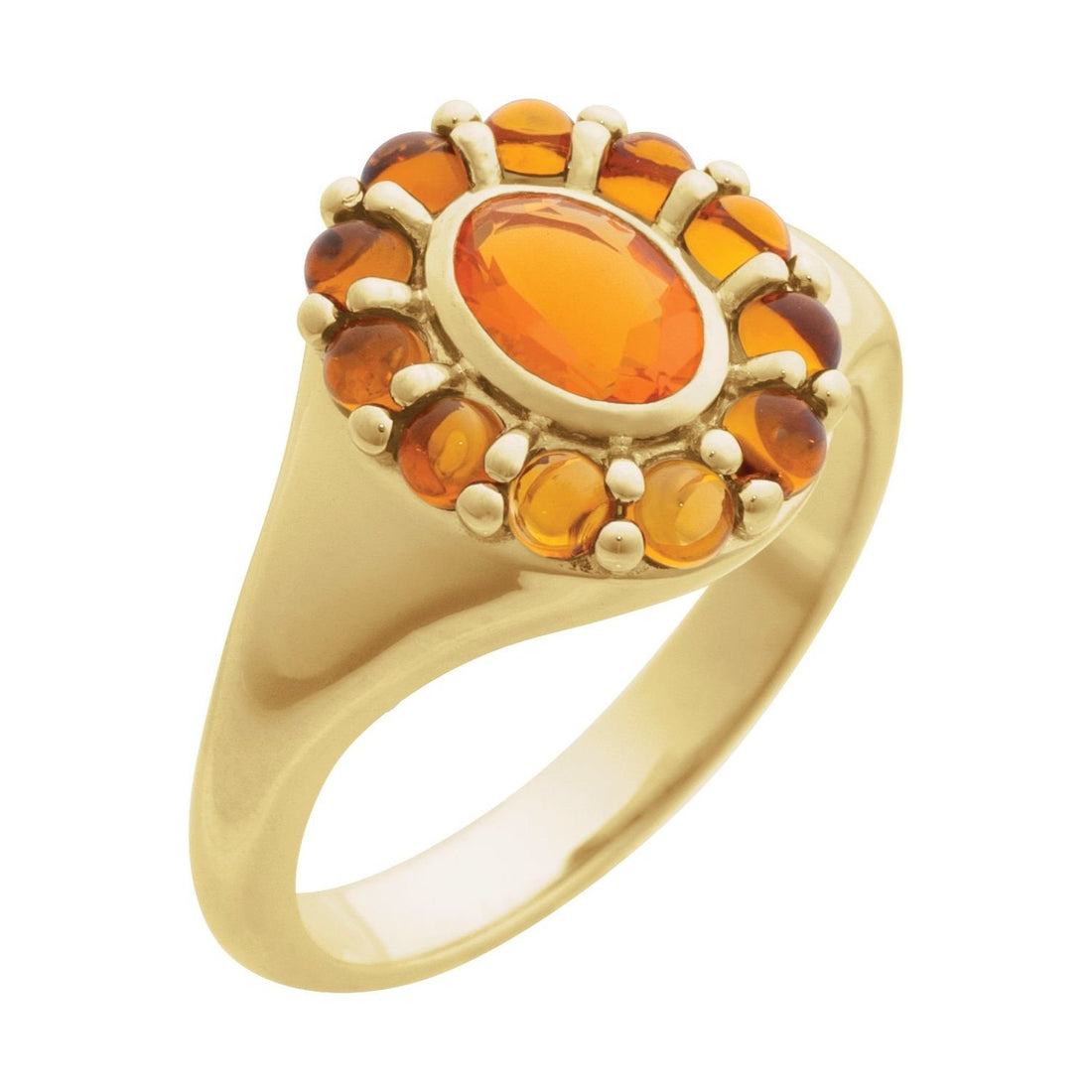 oval mexican fire opal halo ring in 14k Yellow Gold