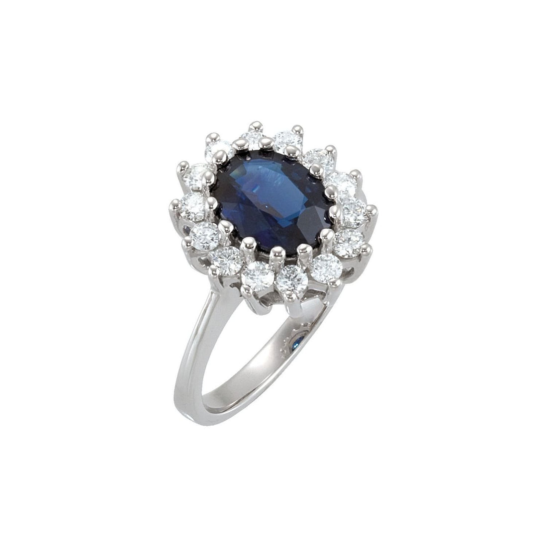 oval natural blue sapphire halo cocktail ring in 14k White Gold