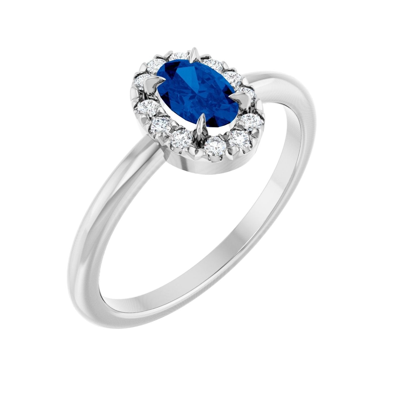 oval natural blue sapphire halo ring in 14k White Gold