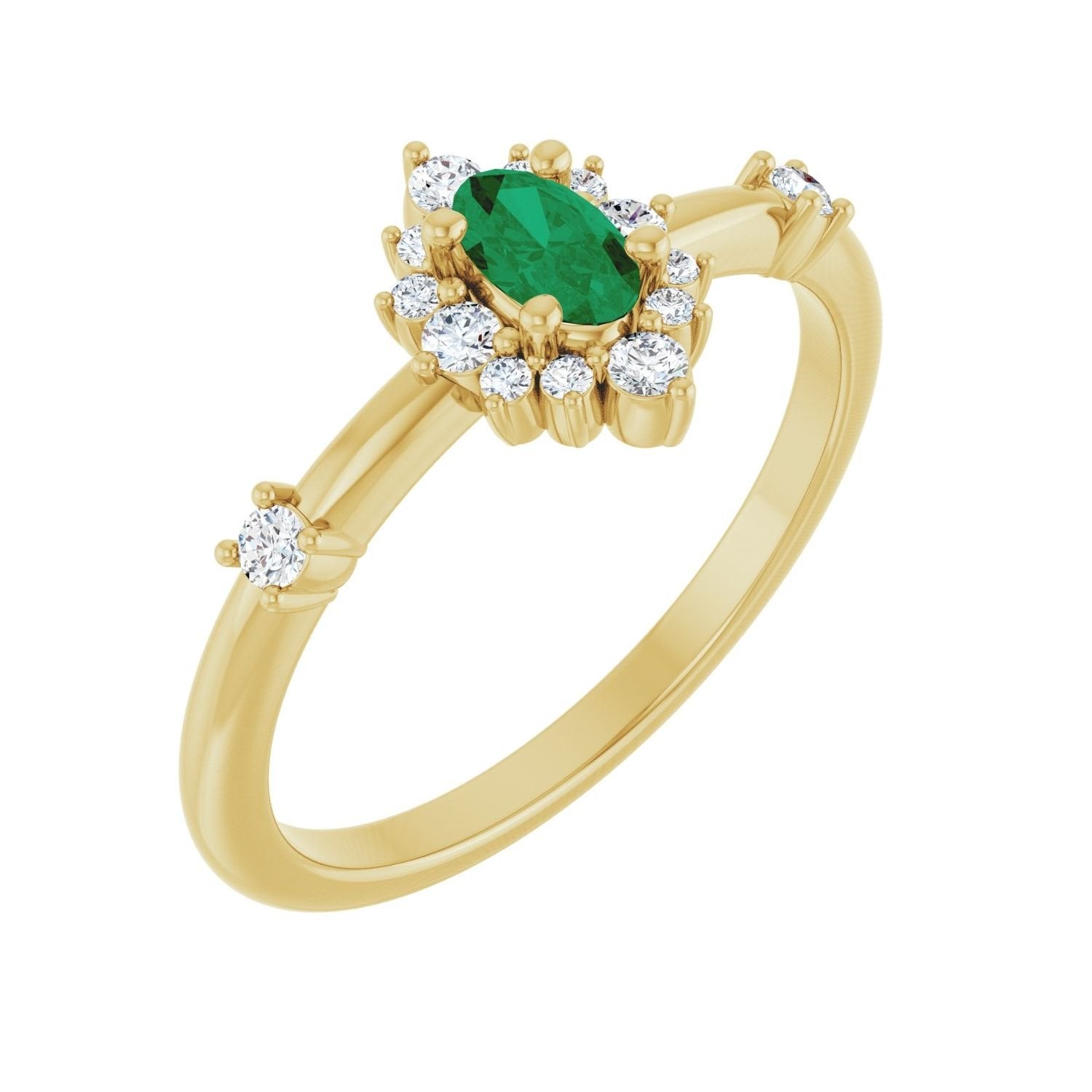 oval natural emerald halo ring in 14k Yellow Gold
