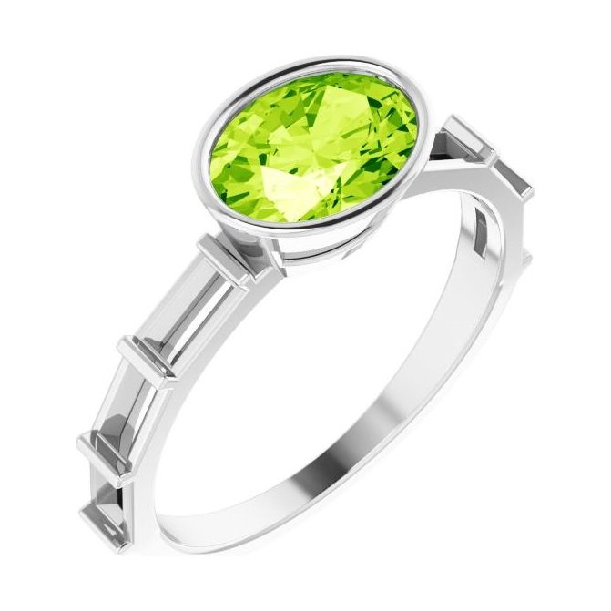 Oval Peridot Bezel-Set Engagement Ring in 14K White Gold with 1.5 ct oval diamond