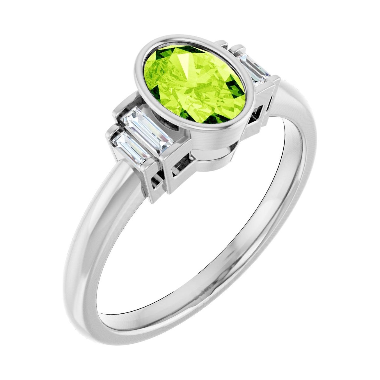Oval Peridot Bezel-Set Engagement Ring in 14K White Gold with 1.0 ct oval diamond