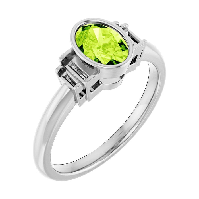 Oval Peridot Bezel-Set Engagement Ring in 14K White Gold with 1.0 ct oval diamond