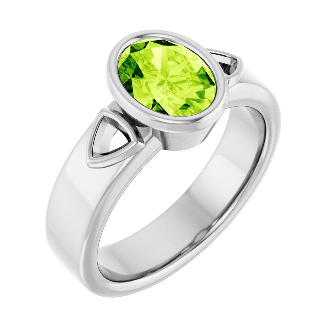 Oval Peridot Bezel-Set Engagement Ring in 14K White Gold with 1.5 ct oval diamond
