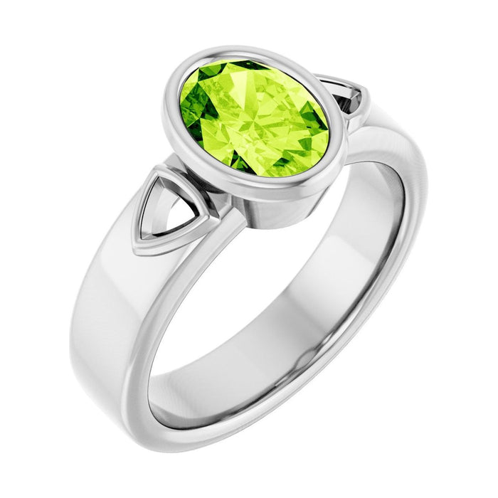 Oval Peridot Bezel-Set Engagement Ring in 14K White Gold with 1.5 ct oval diamond