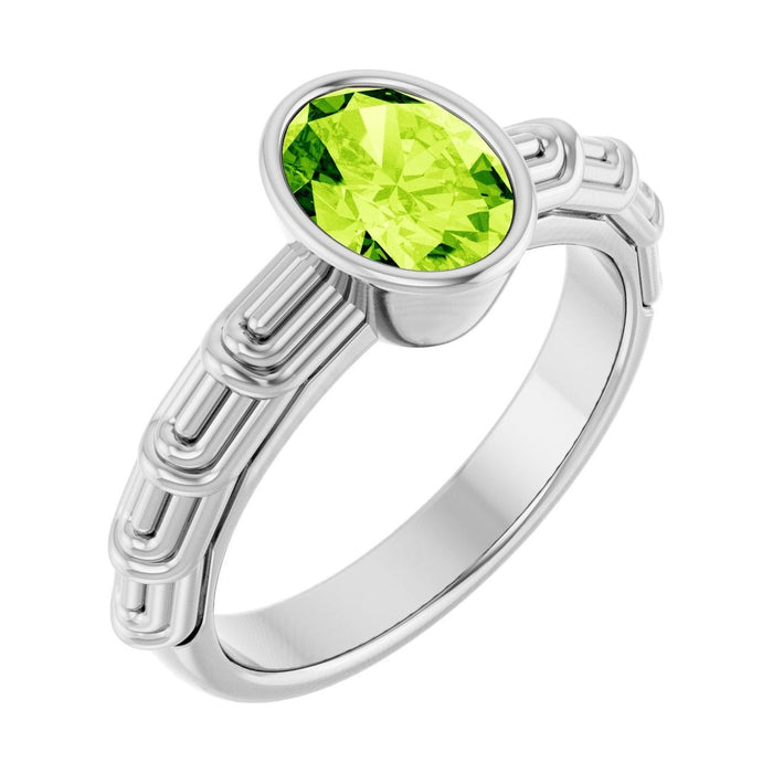 Oval Peridot Bezel-Set Engagement Ring in 14K White Gold with 1.5 ct oval diamond