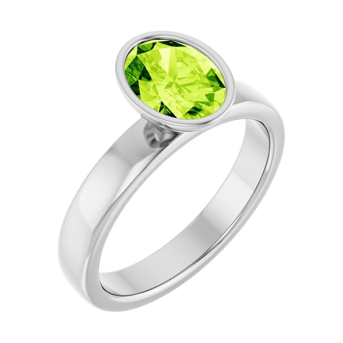 Oval Peridot Bezel-Set Engagement Ring in 14K White Gold with 1.5 ct oval diamond