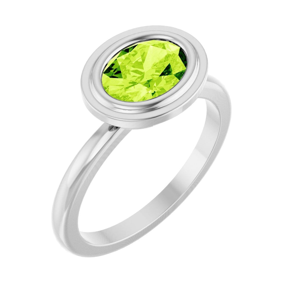 Oval Peridot Bezel-Set Engagement Ring in 14K White Gold with 1.5 ct oval diamond
