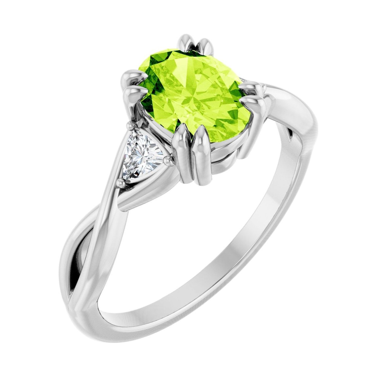 Oval Peridot Double Claw-Prong Three-Stone Engagement Ring in 14K White Gold with 1.5 ct oval diamond