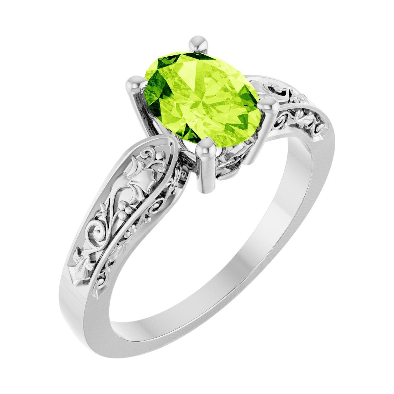 Oval Peridot Floral Sculptural Solitaire Engagement Ring in 14K White Gold with 1.5 ct oval diamond