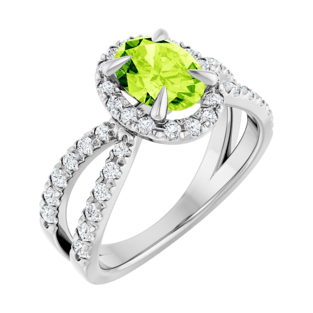 Oval Peridot Halo Engagement Ring in 14K White Gold with 1.5 ct oval diamond