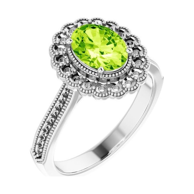 Oval Peridot Halo Engagement Ring in 14K White Gold with 1.5 ct oval diamond