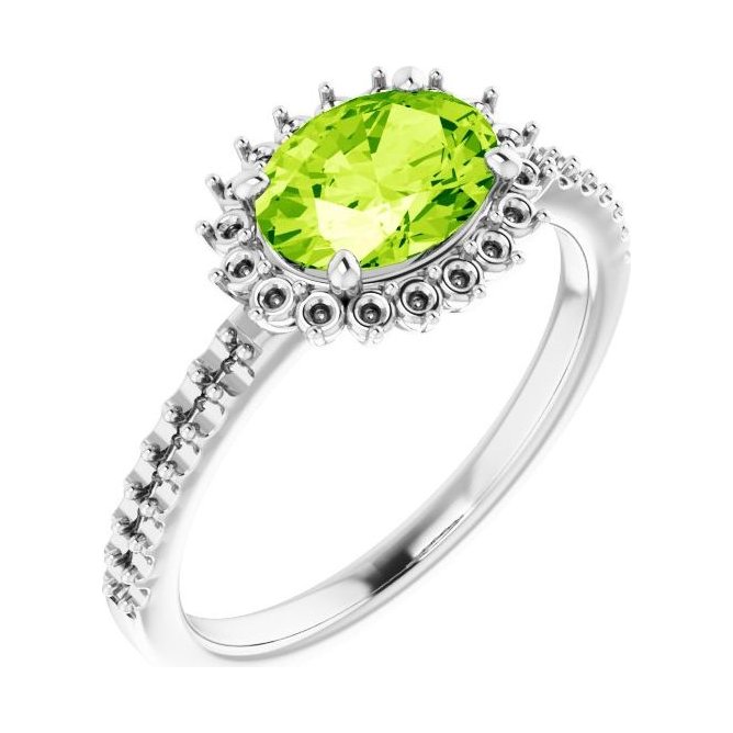 Oval Peridot Halo Engagement Ring in 14K White Gold with 1.5 ct oval diamond