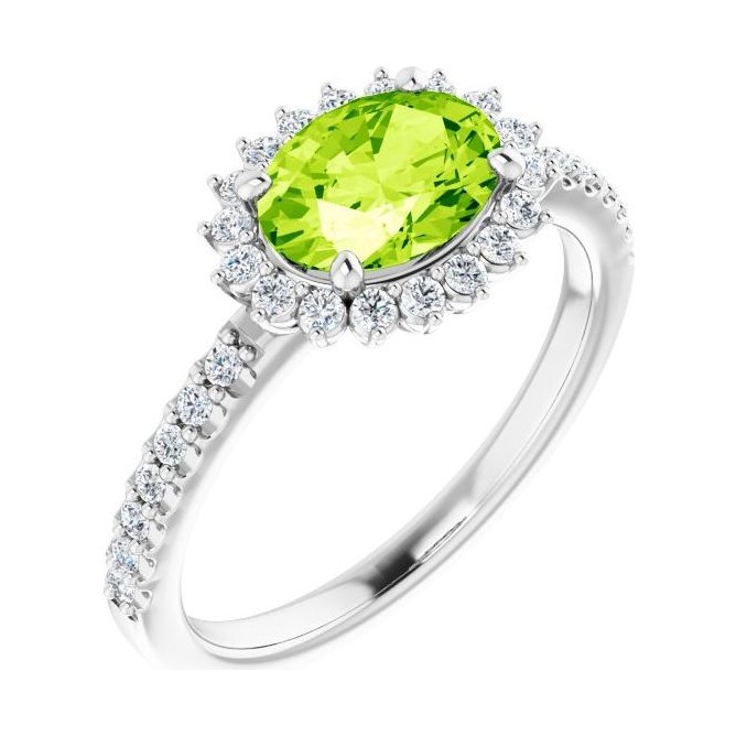Oval Peridot Halo Engagement Ring in 14K White Gold with 1.5 ct oval diamond
