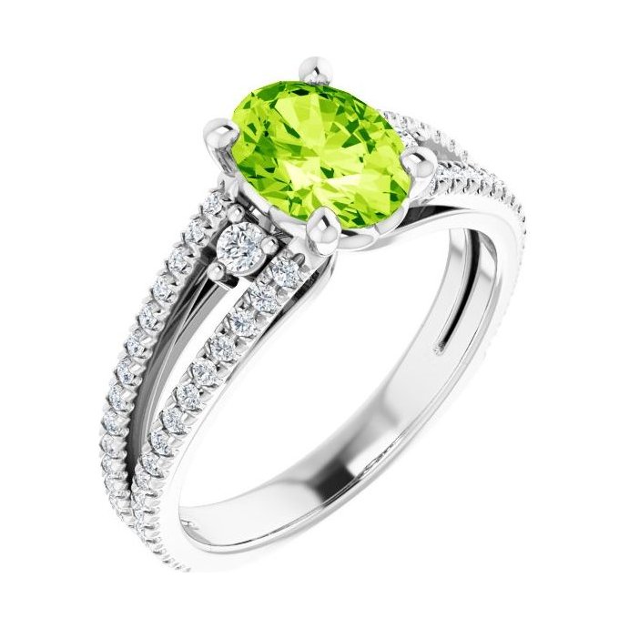 Oval Peridot Pavé Engagement Ring in 14K White Gold with 1.5 ct oval diamond