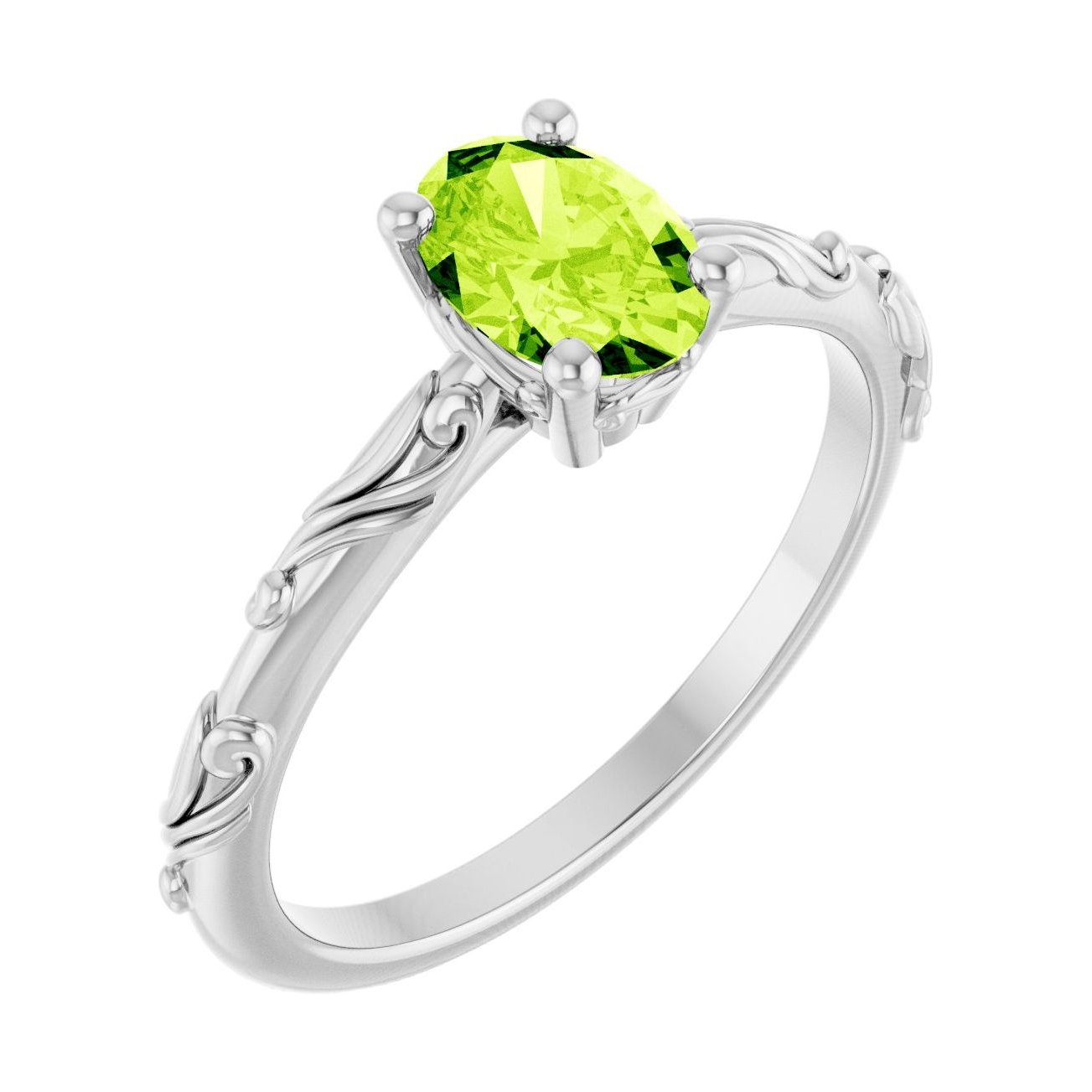 Oval Peridot Scroll Sculptural Solitaire Engagement Ring in 14K White Gold with 1.0 ct oval diamond