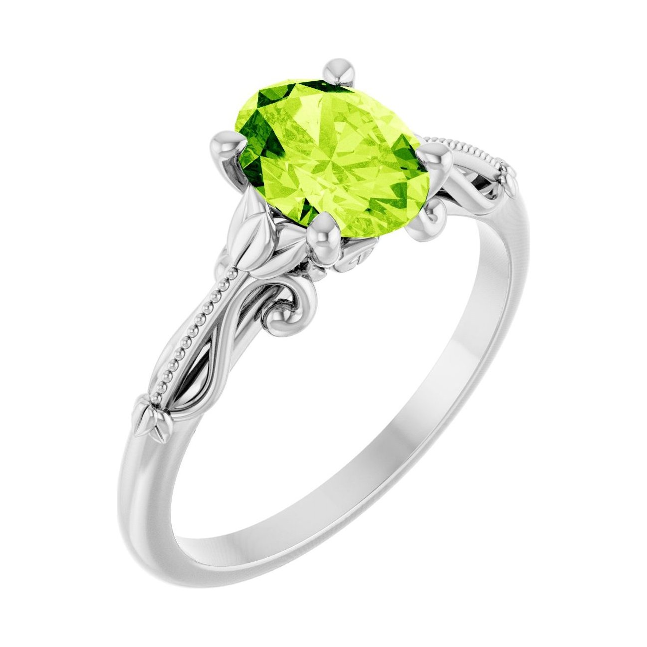 Oval Peridot Sculptural Solitaire Engagement Ring in 14K White Gold with 1.5 ct oval diamond