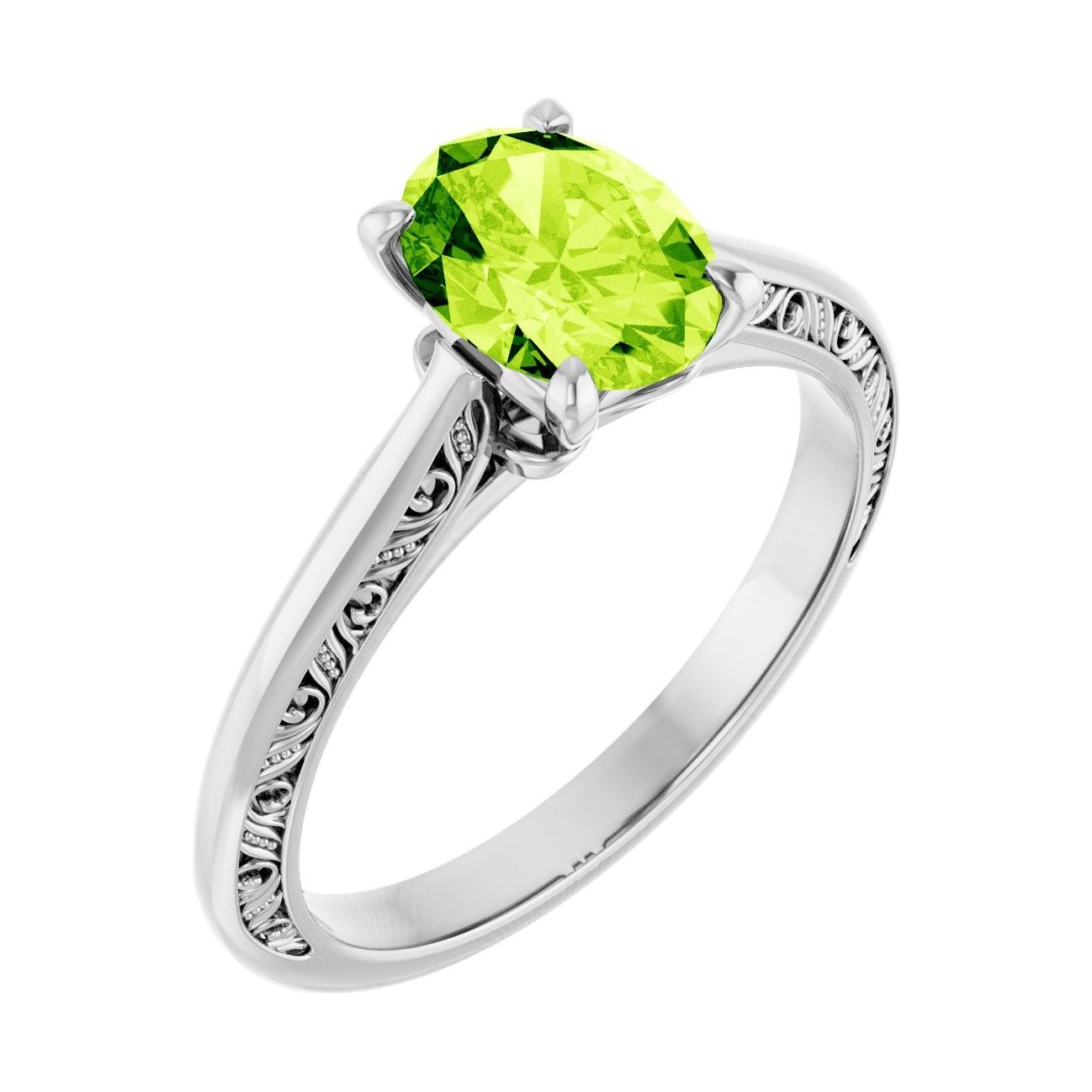 Oval Peridot Sculptural Solitaire Engagement Ring in 14K White Gold with 1.5 ct oval diamond