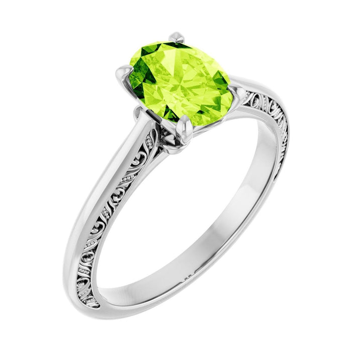 Oval Peridot Sculptural Solitaire Engagement Ring in 14K White Gold with 1.5 ct oval diamond