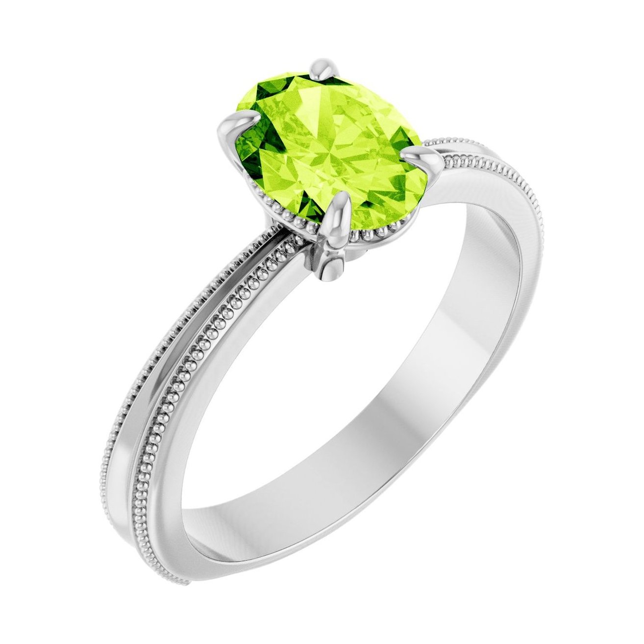 Oval Peridot Solitaire Engagement Ring in 14K White Gold with 1.5 ct oval diamond
