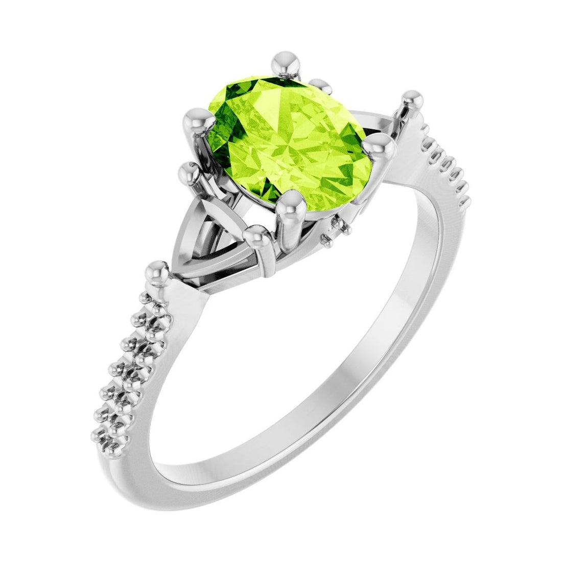 Oval Peridot Three-Stone Engagement Ring in 14K White Gold with 1.5 ct oval diamond