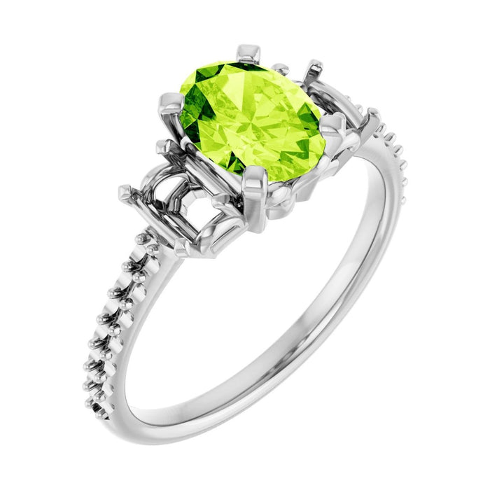 Oval Peridot Three-Stone Engagement Ring in 14K White Gold with 1.5 ct oval diamond