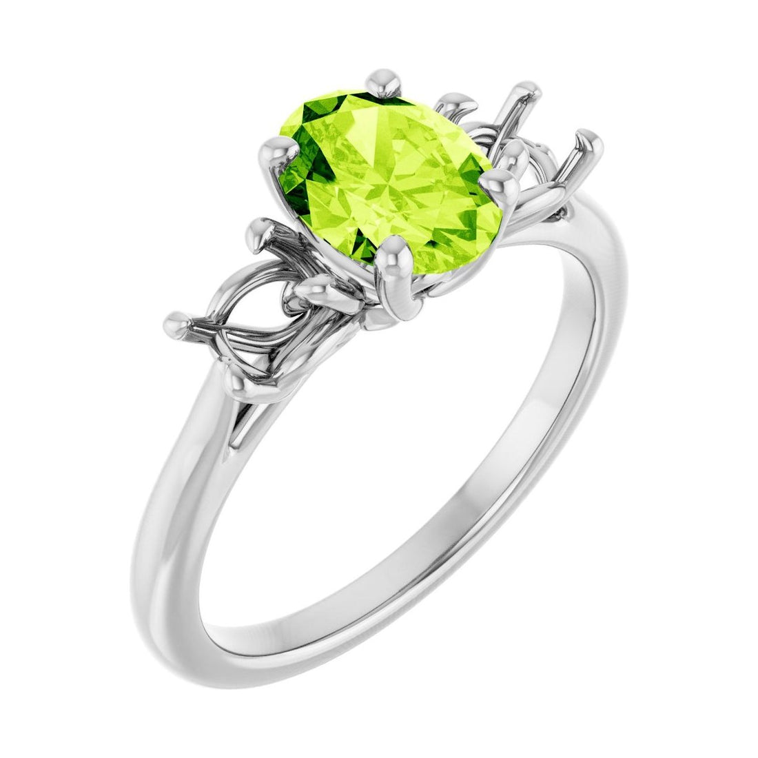 Oval Peridot Three-Stone Engagement Ring in 14K White Gold with 1.5 ct oval diamond