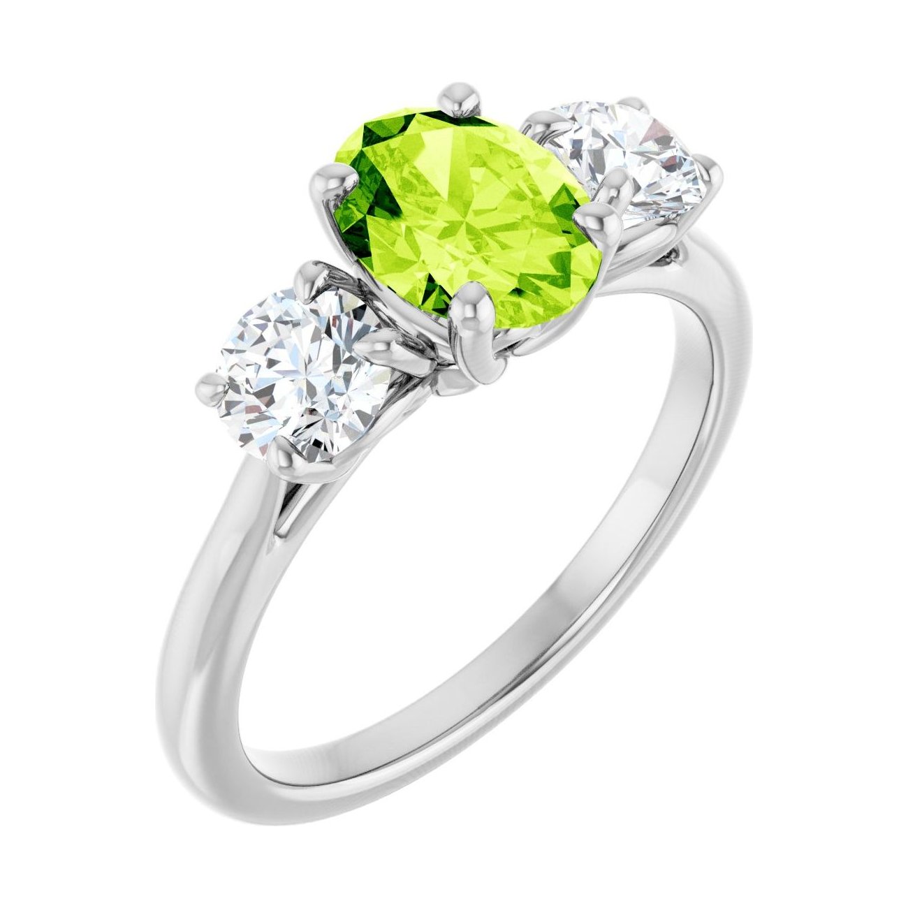 Oval Peridot Three-Stone Engagement Ring in 14K White Gold with 1.5 ct oval diamond